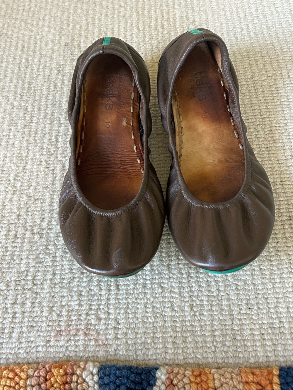 Tieks  Brown Leather Ballet Flats with Teal Heel Accent